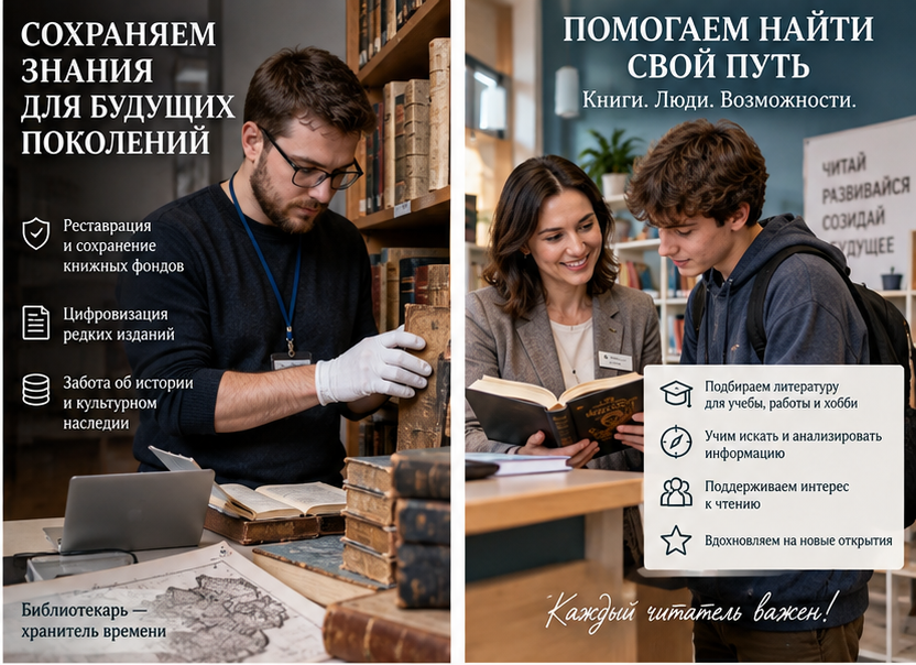 Библиотекарь сохраняет знания для будущих поколений и помогает читателю найти свой путь.