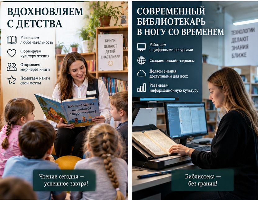 Библиотекарь вдохновляет детей на чтение и работает с цифровыми ресурсами.